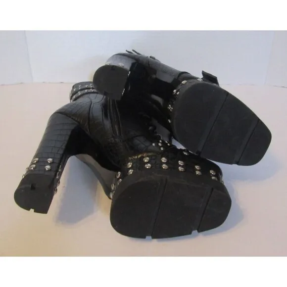 Azalea Wang Dolls Kill Black Vegan Crocodile Ankle Boots Heels Studded NWOB 8.5