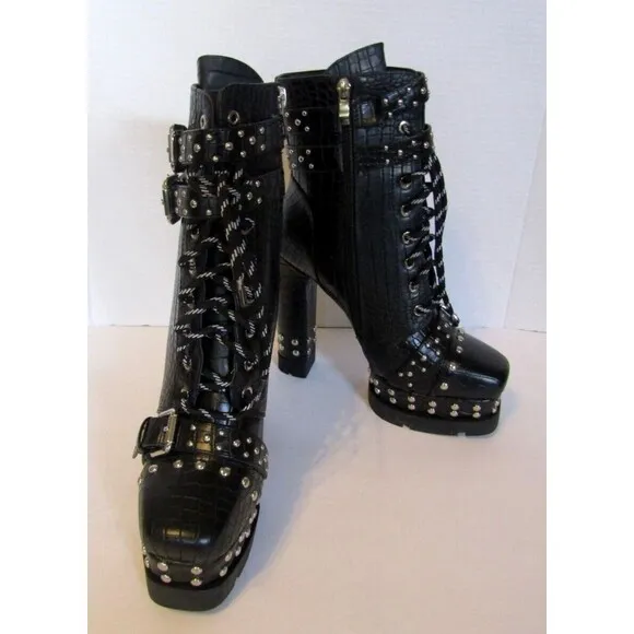 Azalea Wang Dolls Kill Black Vegan Crocodile Ankle Boots Heels Studded NWOB 8.5