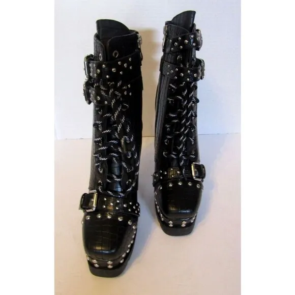 Azalea Wang Dolls Kill Black Vegan Crocodile Ankle Boots Heels Studded NWOB 8.5