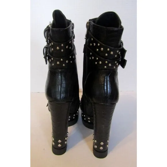 Azalea Wang Dolls Kill Black Vegan Crocodile Ankle Boots Heels Studded NWOB 8.5