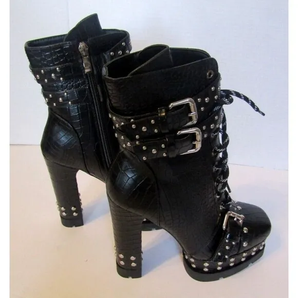 Azalea Wang Dolls Kill Black Vegan Crocodile Ankle Boots Heels Studded NWOB 8.5