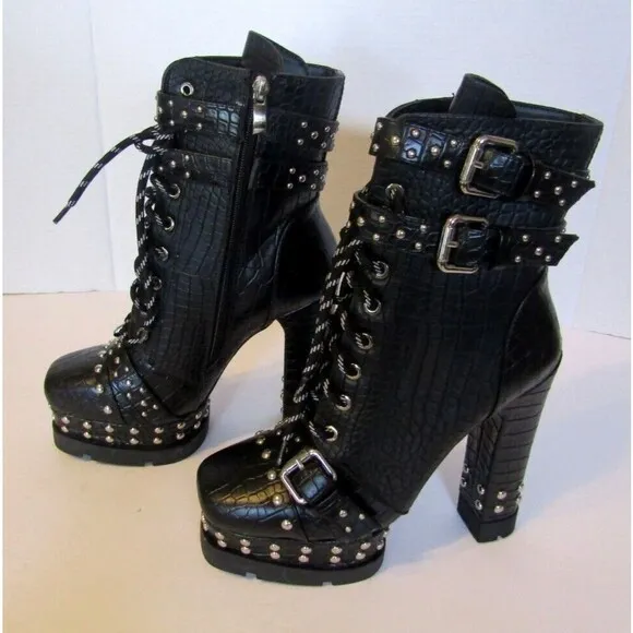 Azalea Wang Dolls Kill Black Vegan Crocodile Ankle Boots Heels Studded NWOB 8.5