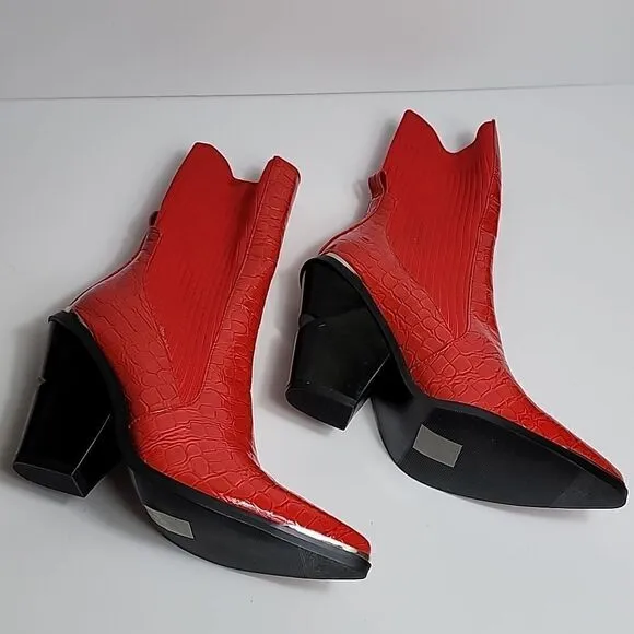 AZALEA WANG RED KATRINA FAUX LEATHER CROC COWGIRL STRETCH MID-CALF BOOTS