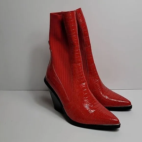 AZALEA WANG RED KATRINA FAUX LEATHER CROC COWGIRL STRETCH MID-CALF BOOTS