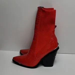 AZALEA WANG RED KATRINA FAUX LEATHER CROC COWGIRL STRETCH MID-CALF BOOTS