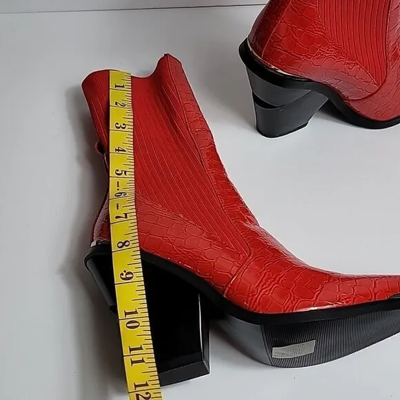 AZALEA WANG RED KATRINA FAUX LEATHER CROC COWGIRL STRETCH MID-CALF BOOTS