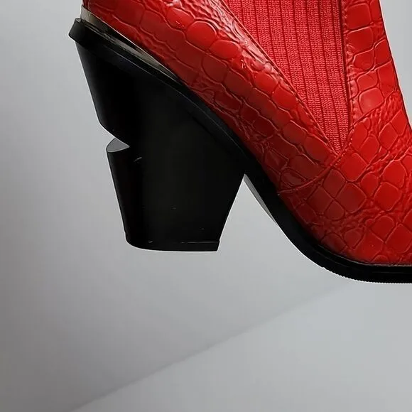 AZALEA WANG RED KATRINA FAUX LEATHER CROC COWGIRL STRETCH MID-CALF BOOTS