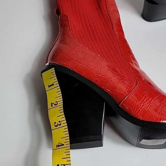 AZALEA WANG RED KATRINA FAUX LEATHER CROC COWGIRL STRETCH MID-CALF BOOTS