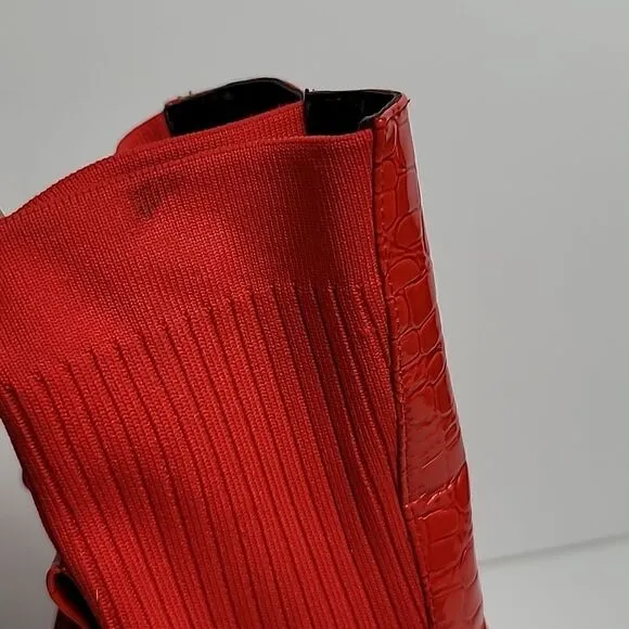 AZALEA WANG RED KATRINA FAUX LEATHER CROC COWGIRL STRETCH MID-CALF BOOTS