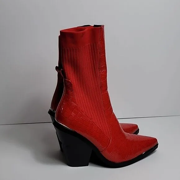 AZALEA WANG RED KATRINA FAUX LEATHER CROC COWGIRL STRETCH MID-CALF BOOTS
