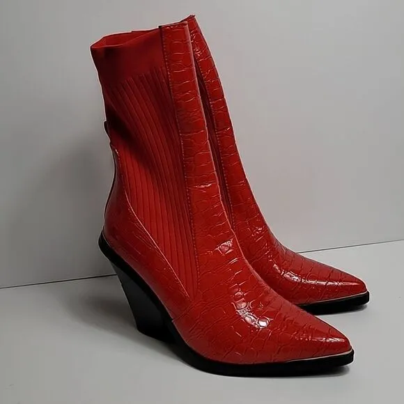 AZALEA WANG RED KATRINA FAUX LEATHER CROC COWGIRL STRETCH MID-CALF BOOTS
