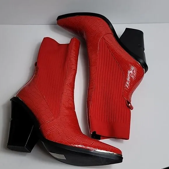 AZALEA WANG RED KATRINA FAUX LEATHER CROC COWGIRL STRETCH MID-CALF BOOTS