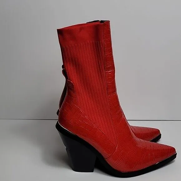 AZALEA WANG RED KATRINA FAUX LEATHER CROC COWGIRL STRETCH MID-CALF BOOTS