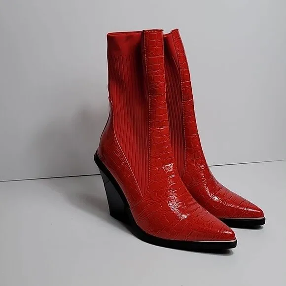 AZALEA WANG RED KATRINA FAUX LEATHER CROC COWGIRL STRETCH MID-CALF BOOTS