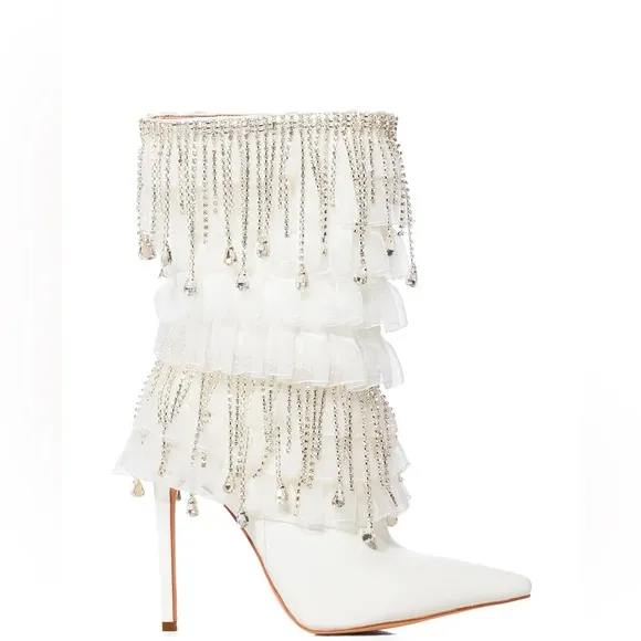 AZALEA WANG White &amp; Silver Diamond Embellished Fringe Boots