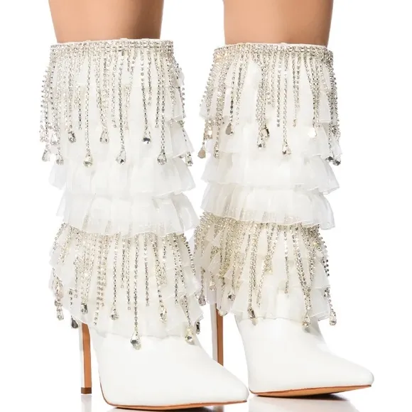 AZALEA WANG White &amp; Silver Diamond Embellished Fringe Boots