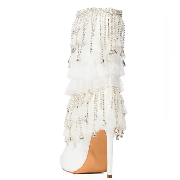 AZALEA WANG White &amp; Silver Diamond Embellished Fringe Boots