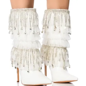 AZALEA WANG White &amp; Silver Diamond Embellished Fringe Boots