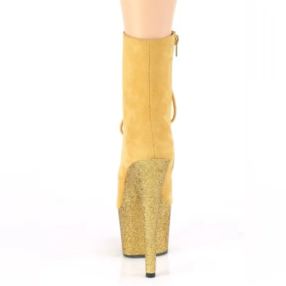 🦋B2G1🦋PLEASER 7&quot; Heel, Platform Mustard Faux Suede Glitter LaceUp Stiletto Boots