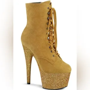 🦋B2G1🦋PLEASER 7&quot; Heel, Platform Mustard Faux Suede Glitter LaceUp Stiletto Boots