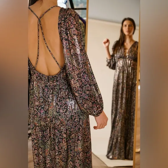 BA&amp;SH Robe Glady Paisley Open Back Long Sleeve Maxi Dress size Small / 4 NWOT
