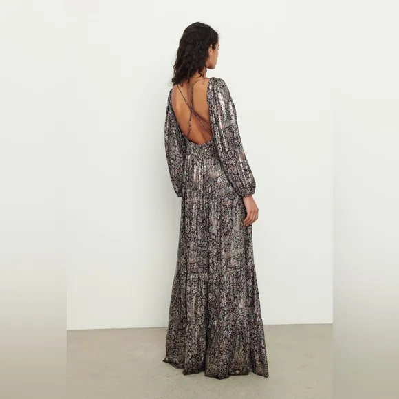 BA&amp;SH Robe Glady Paisley Open Back Long Sleeve Maxi Dress size Small / 4 NWOT