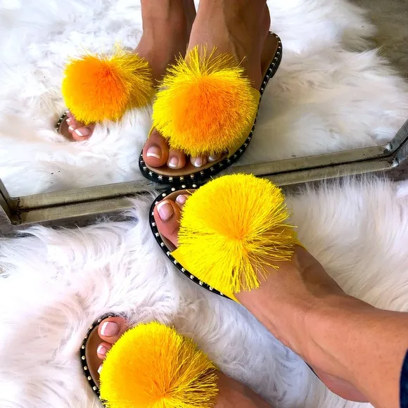 BACK IN STOCK Marigold Yellow Pom Pom Slip-On Mule Sandals