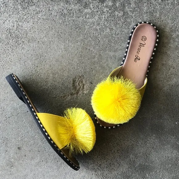 BACK IN STOCK Marigold Yellow Pom Pom Slip-On Mule Sandals