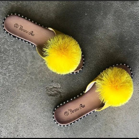 BACK IN STOCK Marigold Yellow Pom Pom Slip-On Mule Sandals