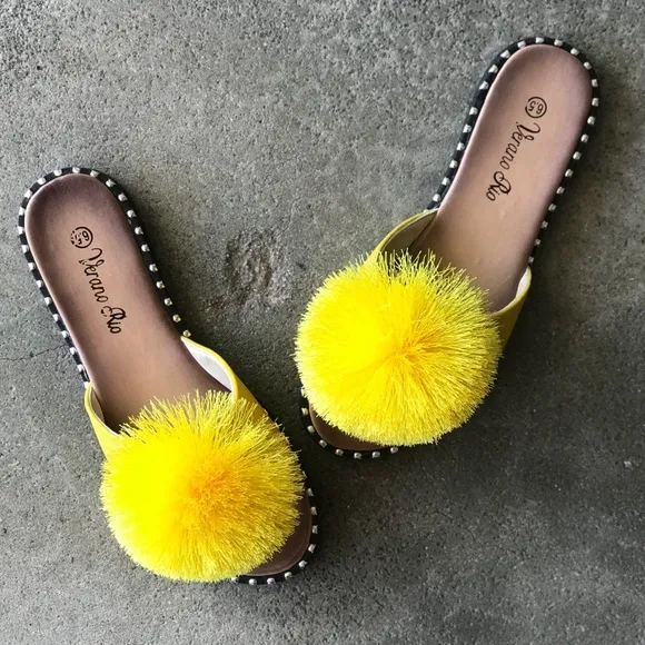 BACK IN STOCK Marigold Yellow Pom Pom Slip-On Mule Sandals