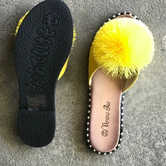 BACK IN STOCK Marigold Yellow Pom Pom Slip-On Mule Sandals