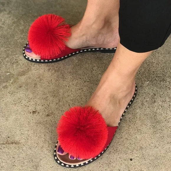 Back In Stock! Verano Rio Red PomPon Mule Padded Slide Sandals