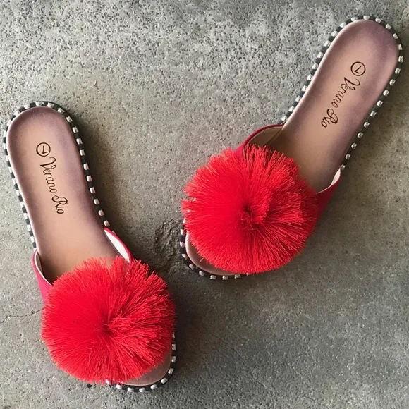 Back In Stock! Verano Rio Red PomPon Mule Padded Slide Sandals