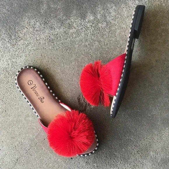 Back In Stock! Verano Rio Red PomPon Mule Padded Slide Sandals