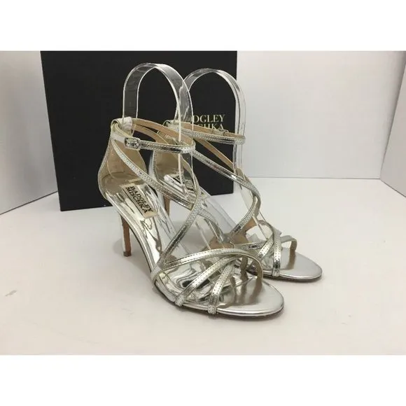 Badgley Mischka Lillian Strappy Ankle Strap Sandals Silver Metallic Leather 5.5