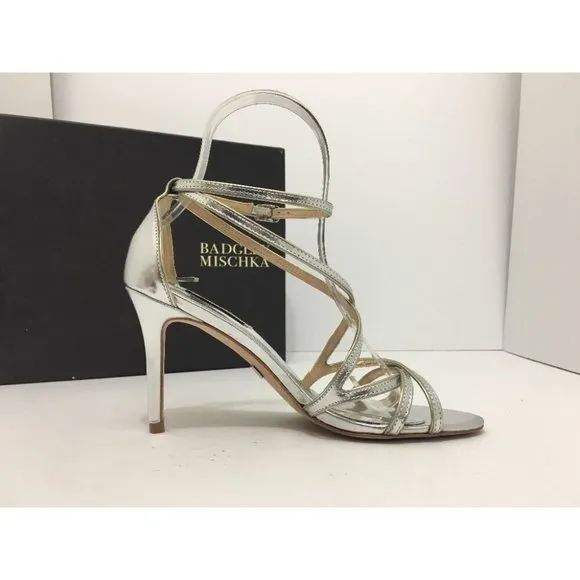 Badgley Mischka Lillian Strappy Ankle Strap Sandals Silver Metallic Leather 5.5
