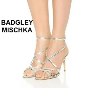 Badgley Mischka Lillian Strappy Ankle Strap Sandals Silver Metallic Leather 5.5