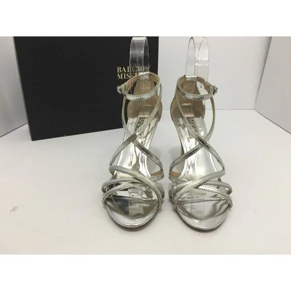 Badgley Mischka Lillian Strappy Ankle Strap Sandals Silver Metallic Leather 5.5