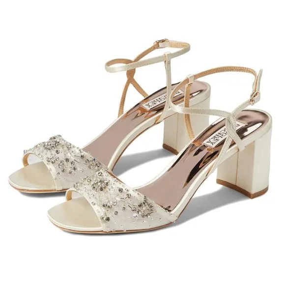 Badgley Mischka Womens Blaine Ivory Satin Jeweled Dress Sandals Heels Shoes 7