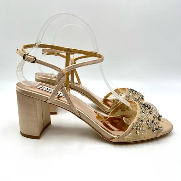 Badgley Mischka Womens Blaine Latte Satin Jeweled Dress Sandals Heels Shoes 9