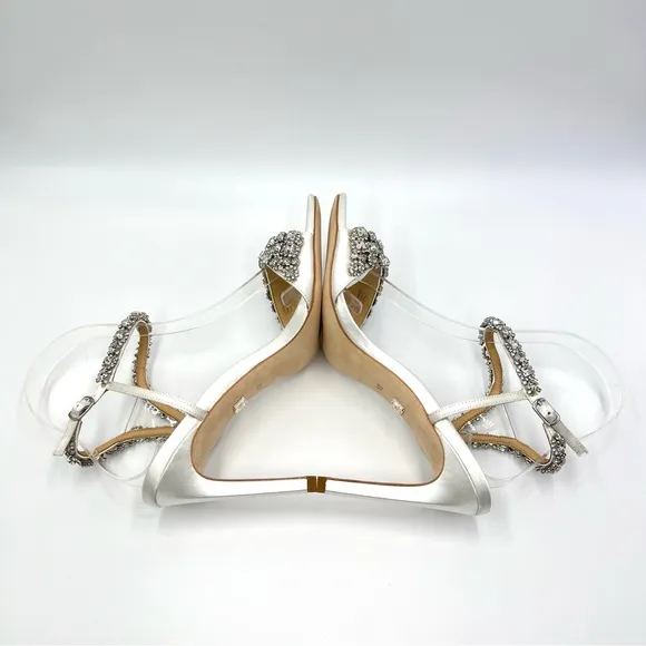 Badgley Mischka Womens Galia Soft White Satin Jeweled Dress Sandals Heels Shoes