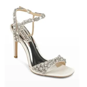 Badgley Mischka Womens Galia Soft White Satin Jeweled Dress Sandals Heels Shoes