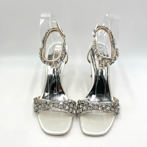 Badgley Mischka Womens Galia Soft White Satin Jeweled Dress Sandals Heels Shoes