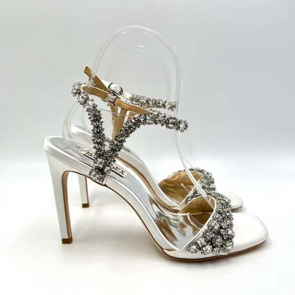Badgley Mischka Womens Galia Soft White Satin Jeweled Dress Sandals Heels Shoes