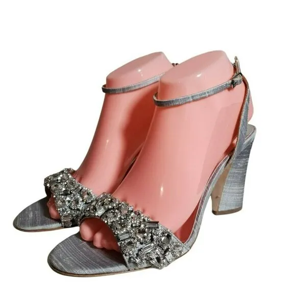Badgley Mischka Womens Gray Open Toe Block Heels Slingback Jeweled Sandals 7 7.5