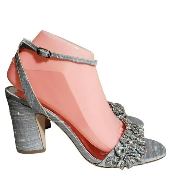 Badgley Mischka Womens Gray Open Toe Block Heels Slingback Jeweled Sandals 7 7.5