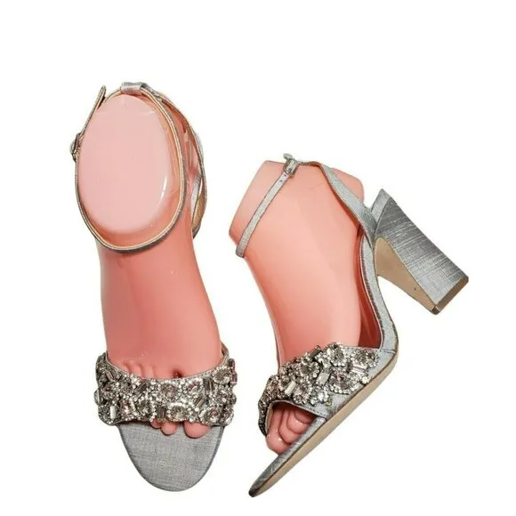 Badgley Mischka Womens Gray Open Toe Block Heels Slingback Jeweled Sandals 7 7.5