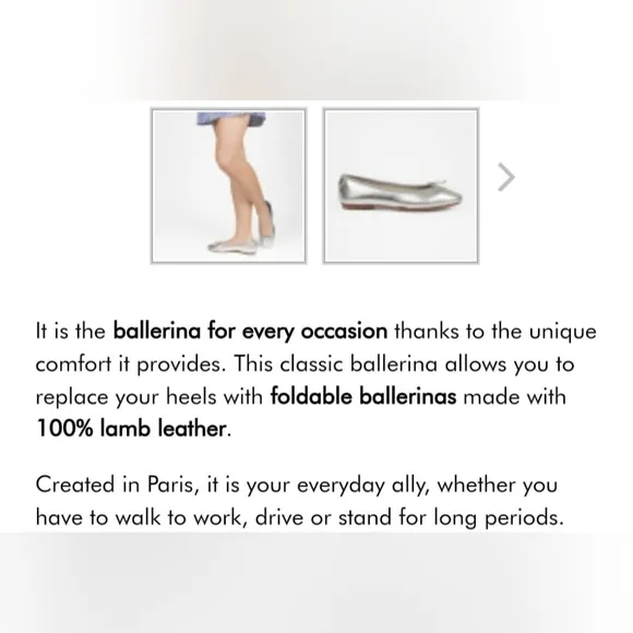 Bagllerina Paris Foldable Lamb Leather Ballet Flats Silver Made in France US 8.5