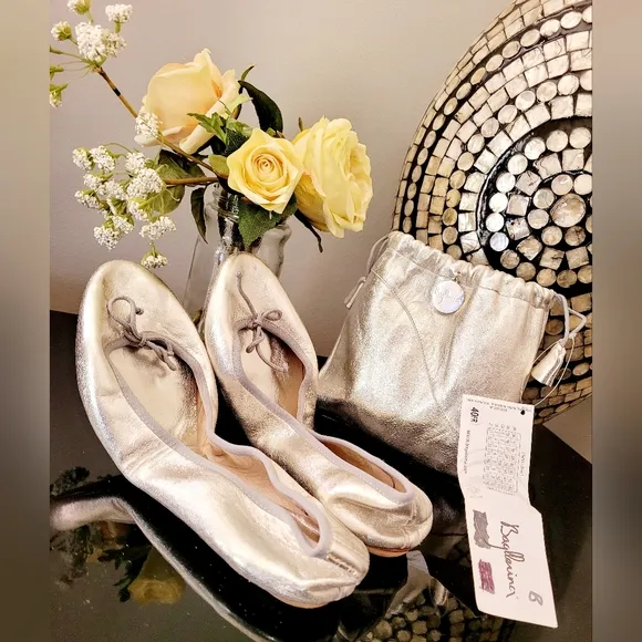Bagllerina Paris Foldable Lamb Leather Ballet Flats Silver Made in France US 8.5
