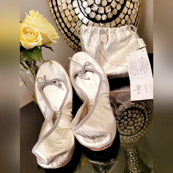Bagllerina Paris Foldable Lamb Leather Ballet Flats Silver Made in France US 8.5